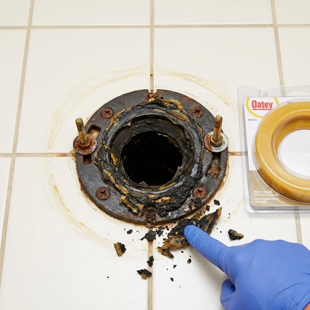 Failed wax ring showing water seepage at the base of a toilet in a Gila Bend, AZ home