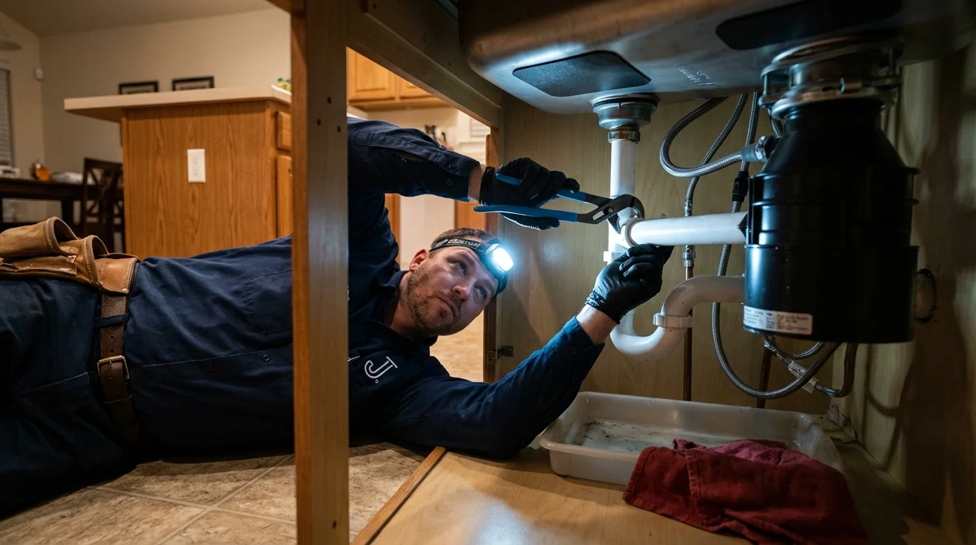 P-trap and supply line connections under a kitchen sink showing a common leak point in Gila Bend, AZ